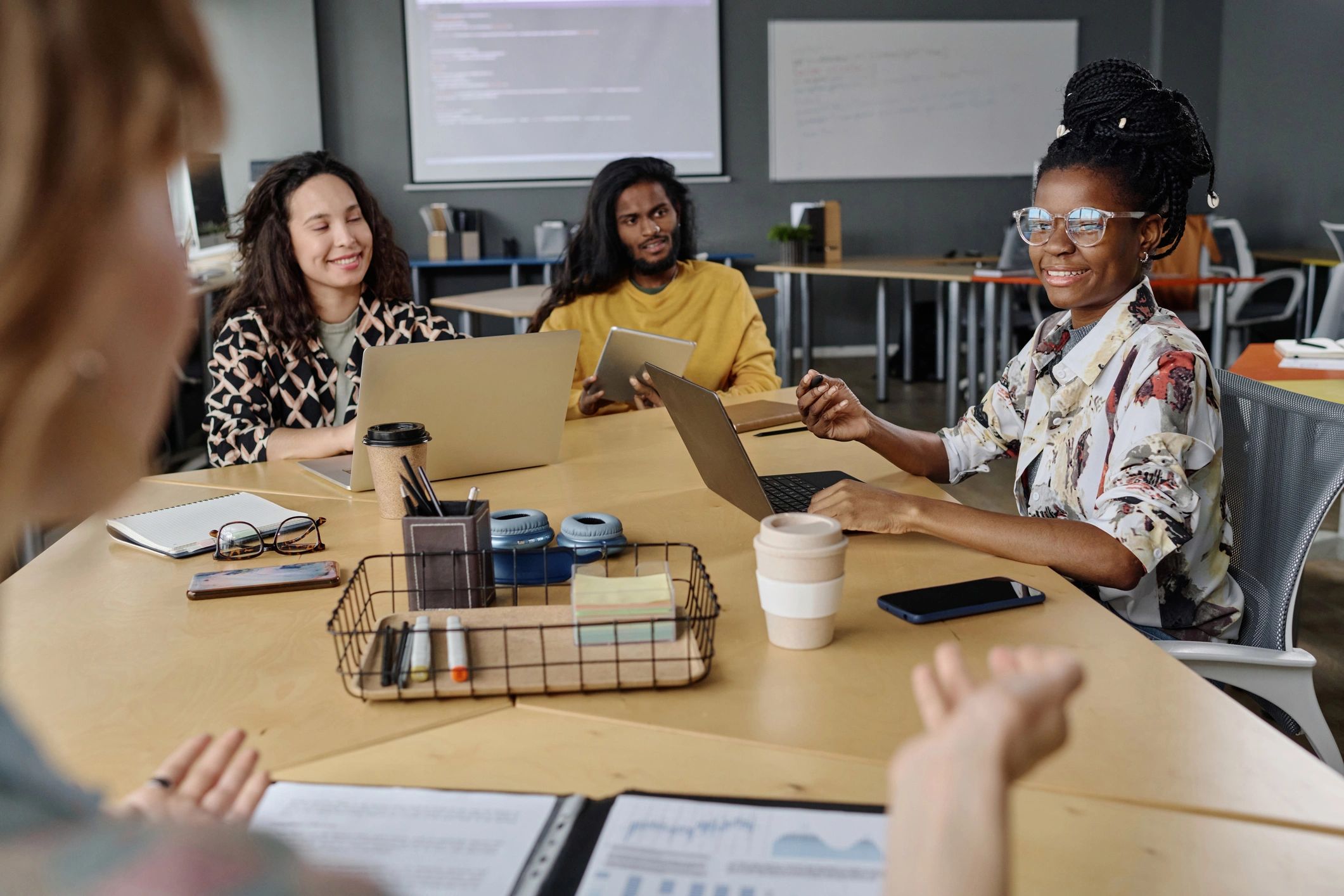 Office team listening during a collaborative business meeting